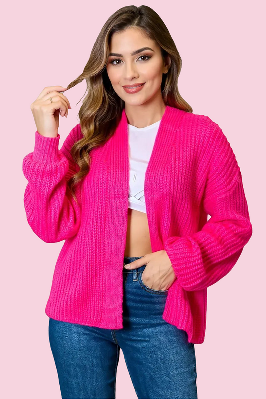 Woven Rib-Knit Open Front Drop Shoulder Cardigan - Size: S-XL