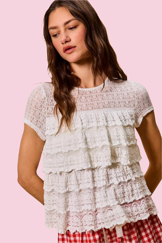 SO ME - White Ruffle Tiered Stretch Lace Short Sleeves Knit Top - Size: S-XL