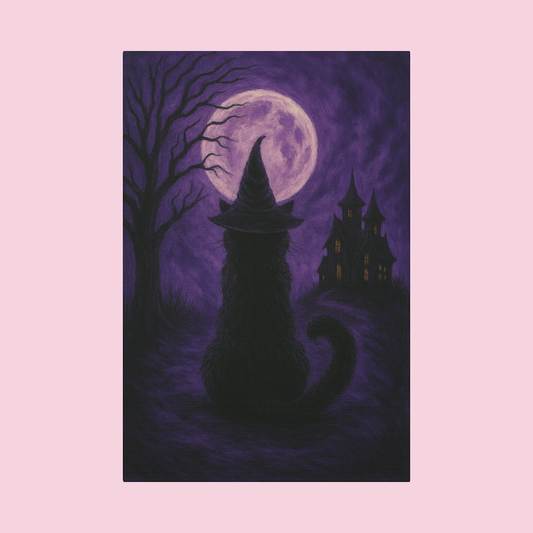 Purple Halloween Black Cat Canvas Wall Art - Vertical - 12×18" or 16×24"