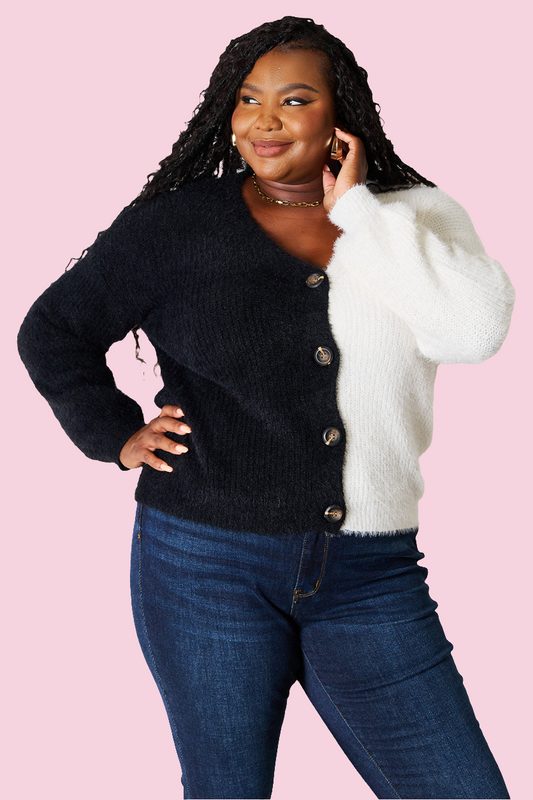 Angel Wings - Woven Contrast Button-Front V-Neck Cardigan - Size: S-XL