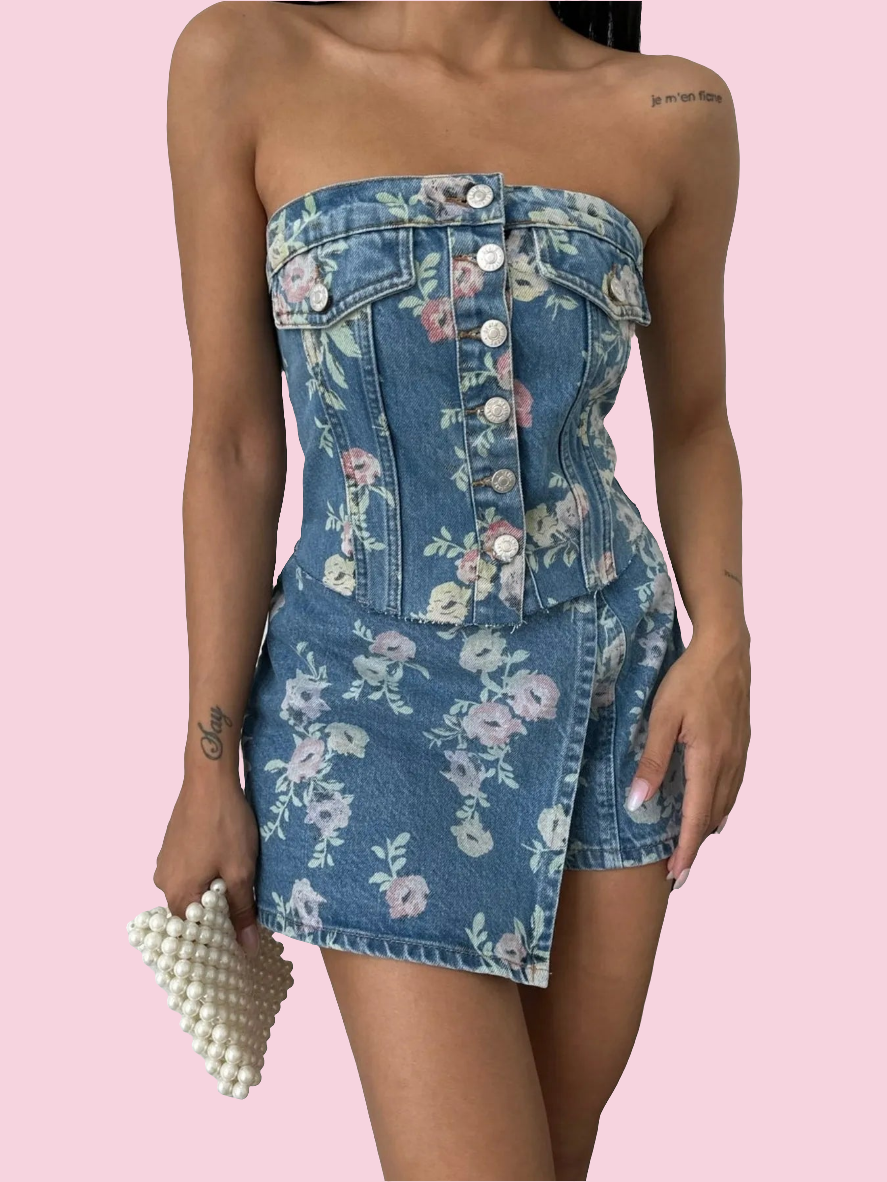 Floral Print Strapless Top and Skort Denim Set - Size: S-L