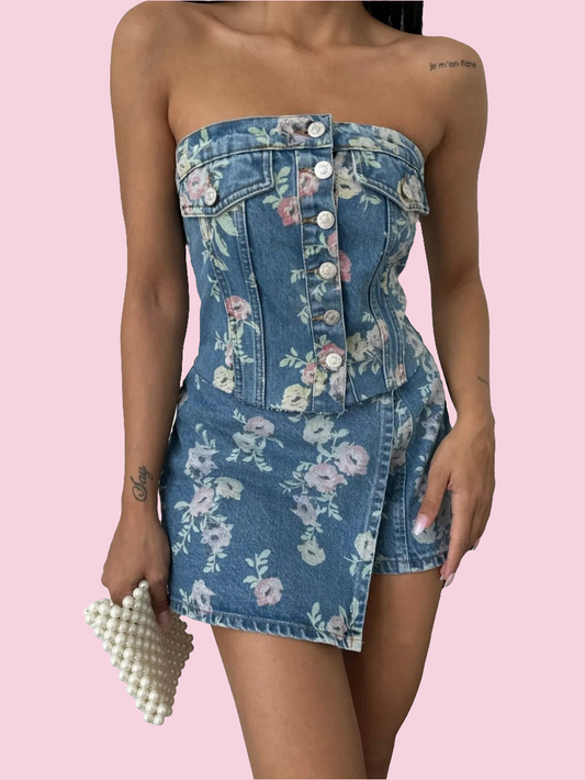Floral Print Strapless Top and Skort Denim Set - Size: S-L