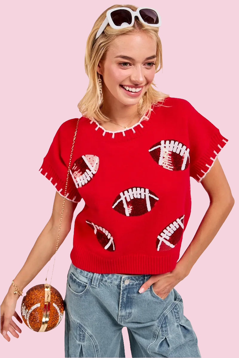 BiBi - Gameday Sequin Football Embroidered Stitch Sweater - Size: S-XL