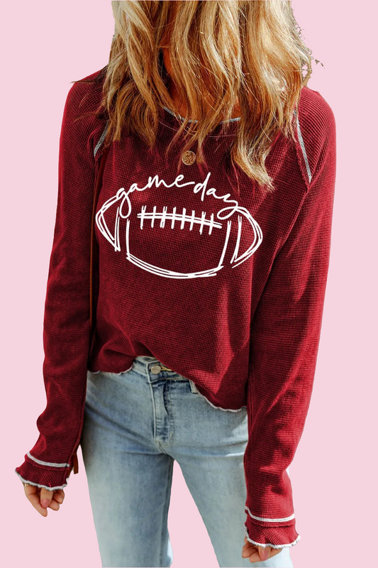 Burgundy Football Game Day Round Neck Long Sleeve Sweatshirt