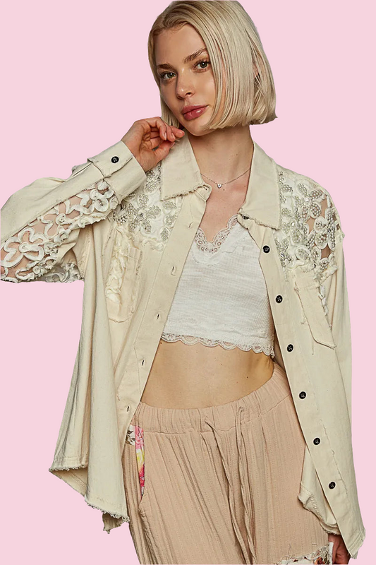 POL - Button Down Raw Edge Shirt with Pearl Lace Patch - Size: S-L