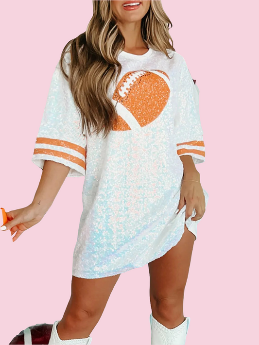 Sequin Football Round Neck Half Sleeve Oversize Top - Size: S-XL
