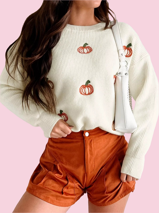 Halloween Pumpkin Embroidered Round Neck Long Sleeve Sweater - Size: M-XL