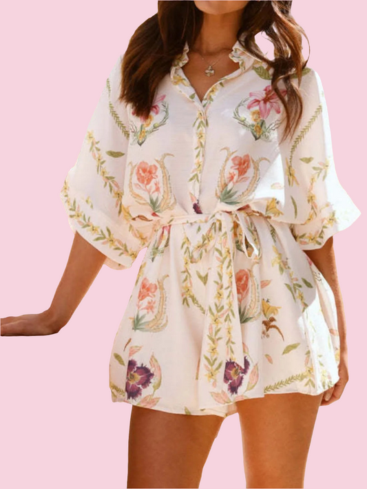 Printed Tie Waist Half Sleeve Romper - Size: S-XL