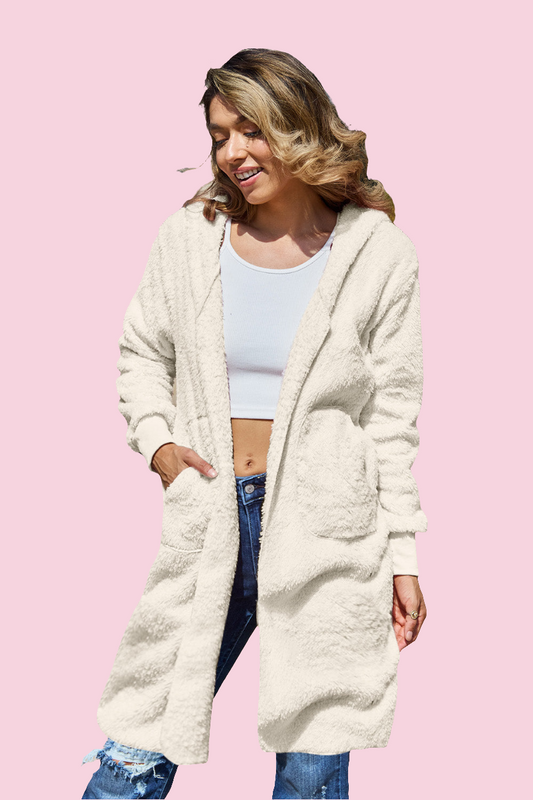 Double Take - Hooded Teddy Bear Jacket with Thumbholes - Size: S-3XL
