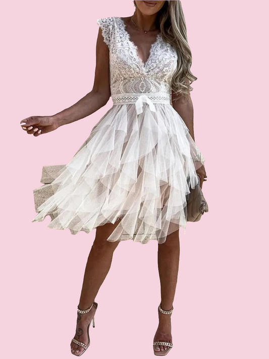 White Lace Bodice Layered Tulle Dress - Size: S-XL