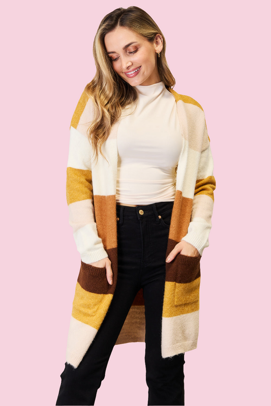 Woven Right Color Block Dropped Shoulder Cardigan - Size: S-XL