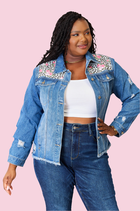 Baeful - Leopard Floral Distressed Raw Hem Denim Jacket - Size: S-2XL