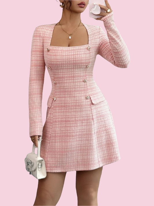 Pink Plaid Square Neck Long Sleeve Dress - Size: S-XL