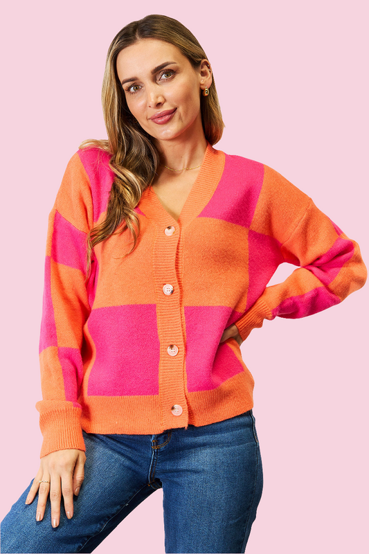 Angel Wings - Woven Right Checkered V-Neck Dropped Shoulder Cardigan - Size: S-XL