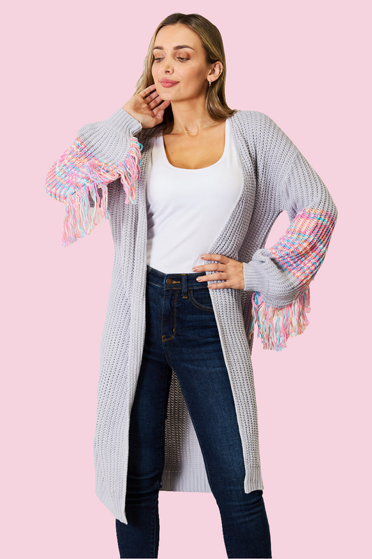 Woven Right Fringe Sleeve Dropped Shoulder Cardigan - Size: S-XL
