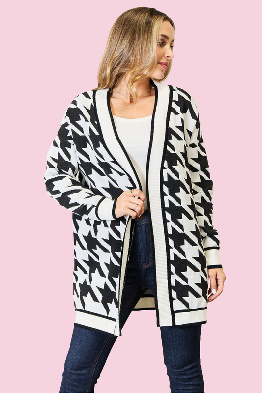 Mandy - Woven Right Houndstooth Open Front Longline Cardigan - Size: S-XL