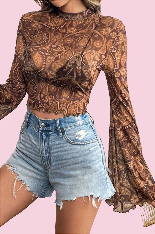 Brown Paisley Printed Mock Neck Bell Sleeve Top - Size: S-2XL
