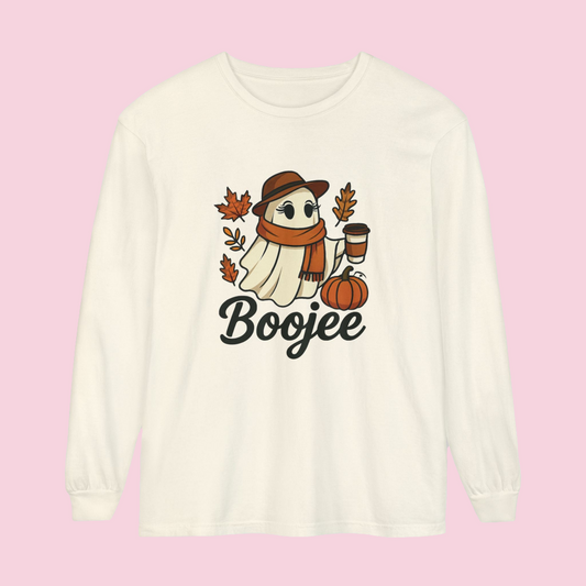 Boojee Ghost Long Sleeve Graphic T-shirt | Cozy Fall Aesthetic Tee - Size: S-3XL