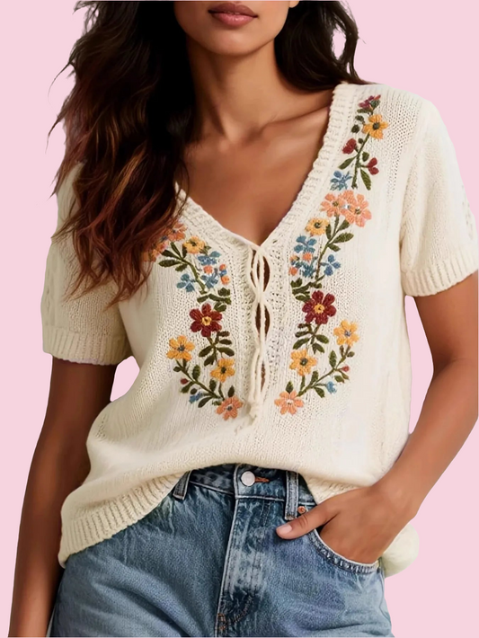 Embroidered Floral V-Neck Sweater - Size: S-XL