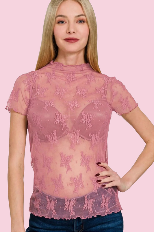 Zenana - Lace See-through Layering Short Sleeve Top - Size: S-L