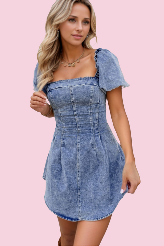 Tie Back Square Neck Puff Sleeve Denim Dress - Size: S-XL