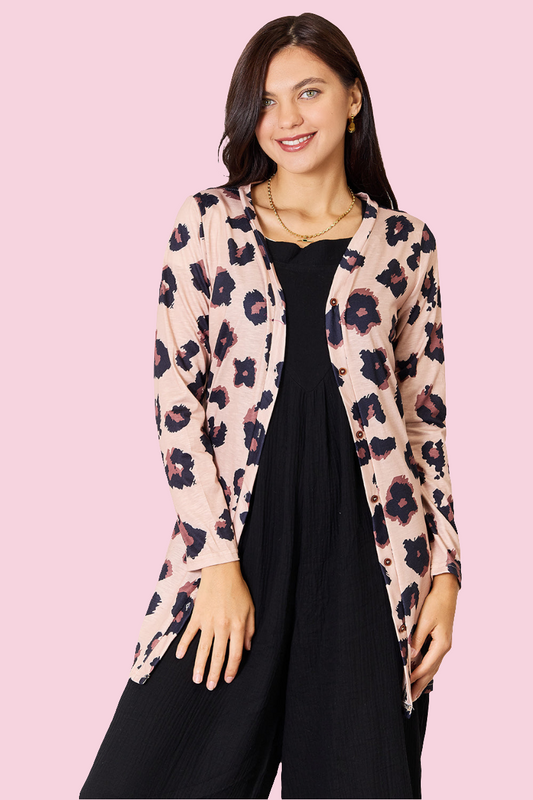 Double Take - Printed Button Front Longline Cardigan - Size: S-XL