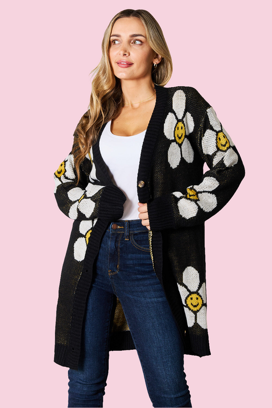 Perfee - Floral Button Down Longline Cardigan - Size: S-XL