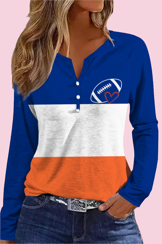 Blue/White/Orange Color Block Football Graphic Notched Neck Top - Size: S-2XL