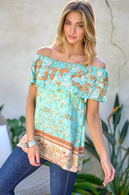 Davi & Dani - Printed Off Shoulder Smocked Top