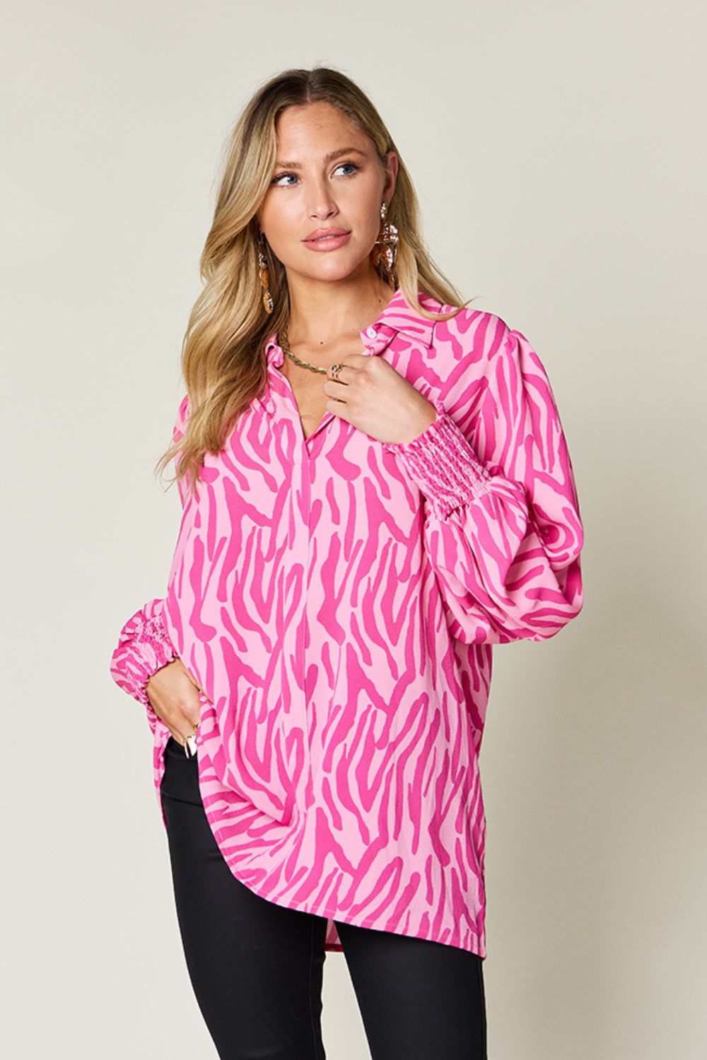 Double Take - Printed Smocked Long Sleeve Blouse - Size: S-3XL