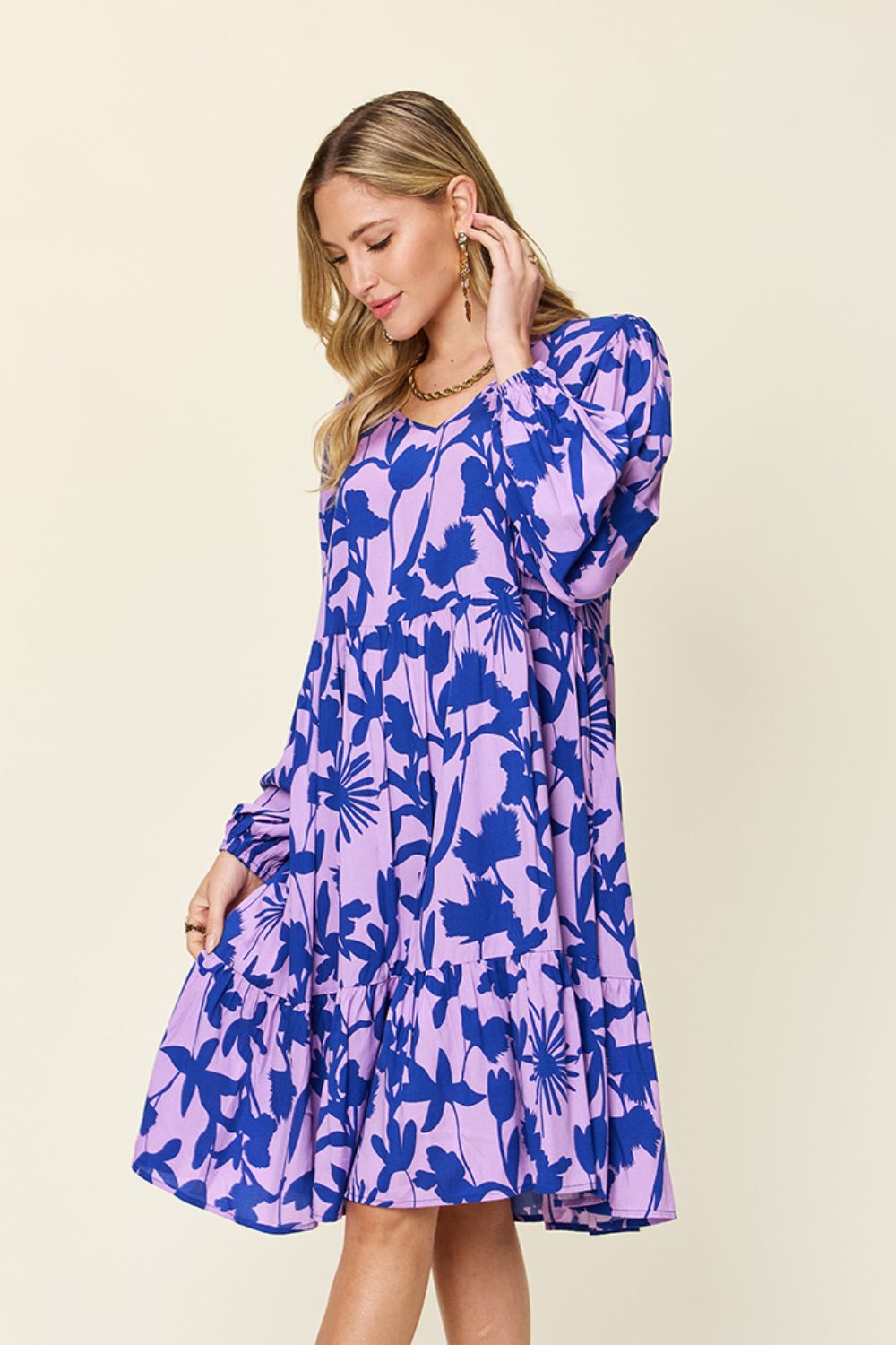 Double Take - Printed Ruffle Hem Dress with Pocket - Size: S-3XL