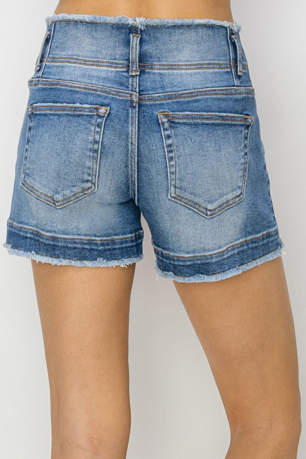 RISEN - High Rise Seam Detailed Raw Edge Denim Shorts