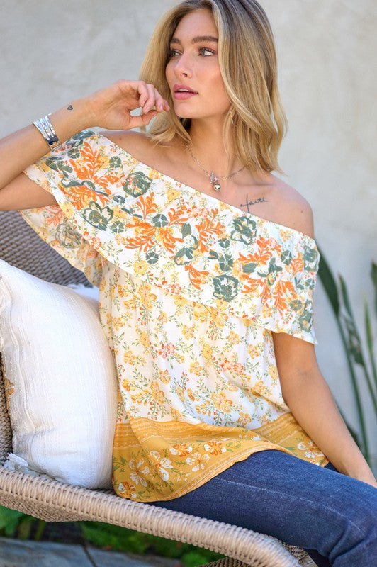 Davi & Dani - Printed Off Shoulder Smocked Top