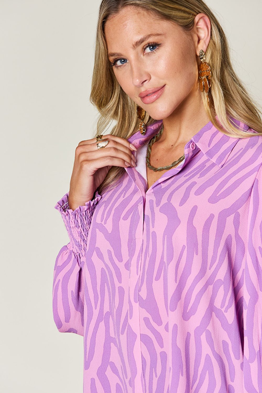 Double Take - Printed Smocked Long Sleeve Blouse - Size: S-3XL