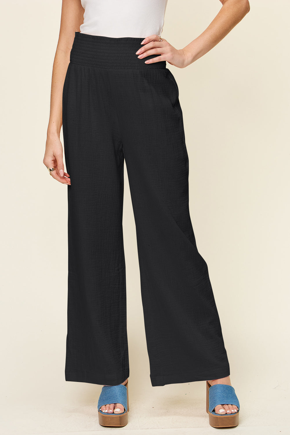 Double Take - Texture Smocked Waist Wide Leg Pants - Size: S-3XL