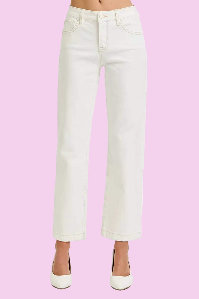 RISEN - Cream Colored Tummy Control Mid Rise Ankle Straight Jeans - Size: 0-15 & 1XL-3XL