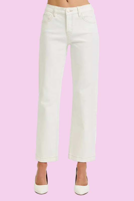 RISEN - Cream Colored Tummy Control Mid Rise Ankle Straight Jeans - Size: 0-15 & 1XL-3XL