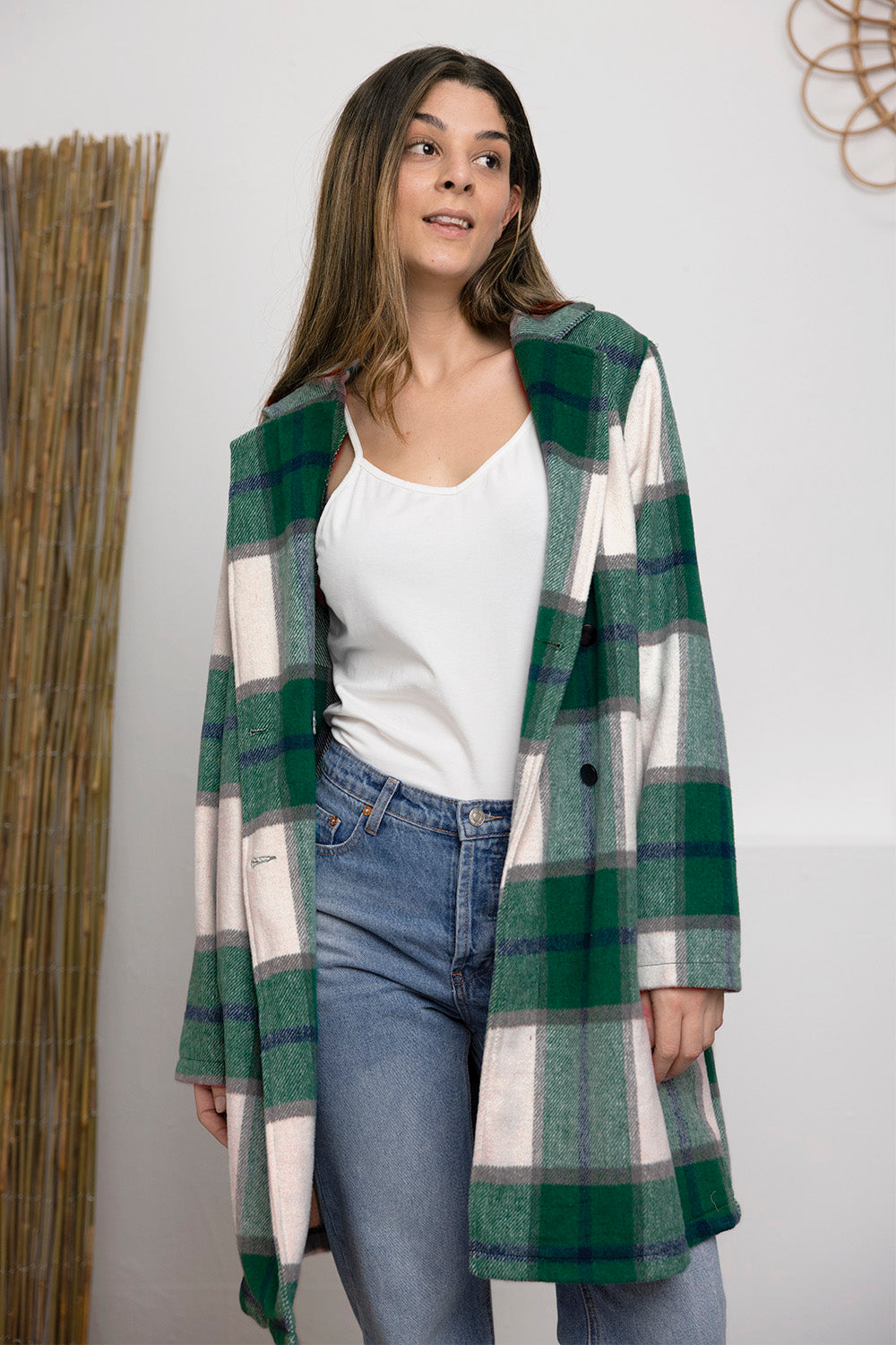 Double Take - Plaid Button Up Lapel Collar Coat - Size: S-3XL