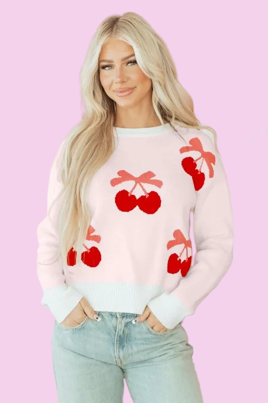 Valentine Bow Tie Cherry Drop Shoulder Sweater - Size: S-XL - Valentine's Day Outfit Ideas