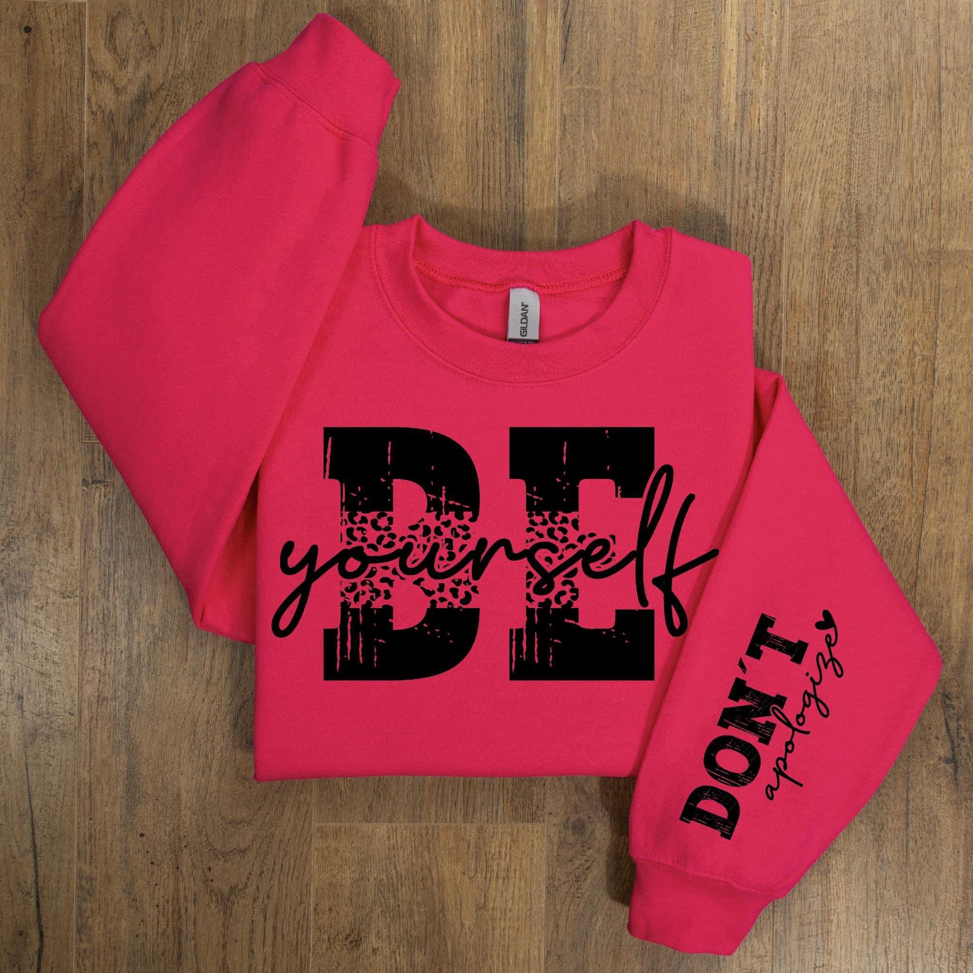 "Be Yourself" Leopard Print With Sleeve Accent Graphic Sweatshirt - Sweet PEA & Me Boutique