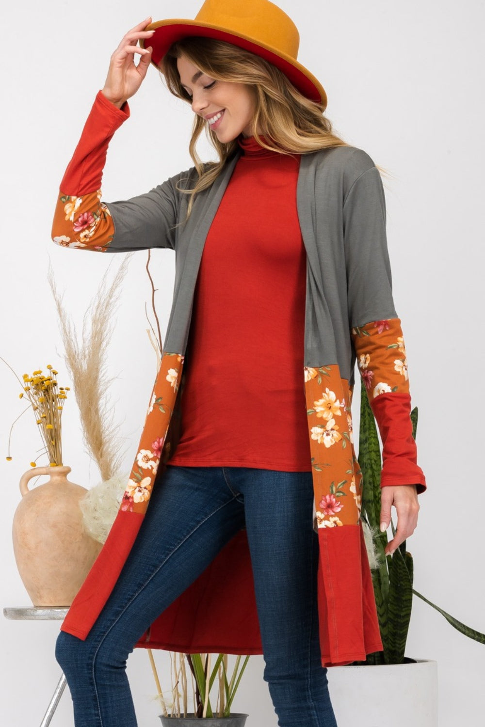 Celeste - Floral Color Block Open Front Cardigan - Size: S-3XL