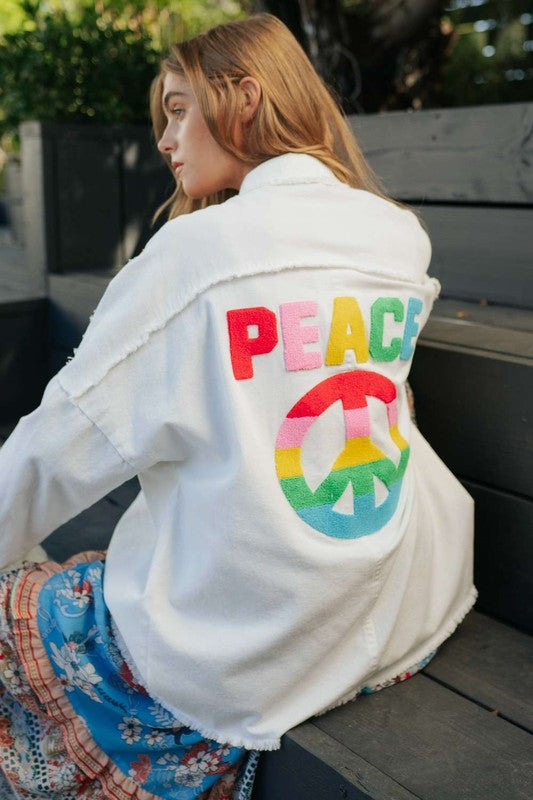 Davi & Dani - Multi Color Lettering Peace Symbol Button Up Shacket