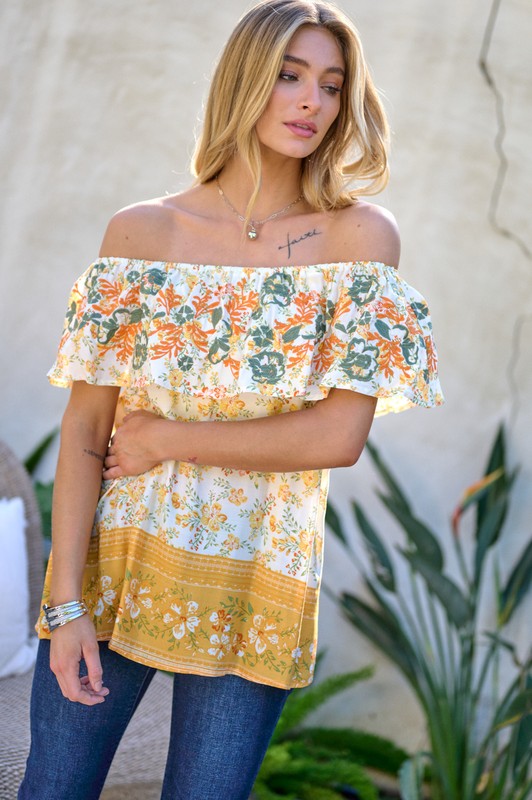 Davi & Dani - Printed Off Shoulder Smocked Top