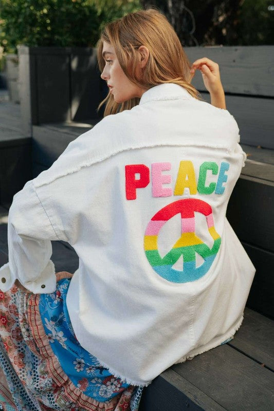 Davi & Dani - Multi Color Lettering Peace Symbol Button Up Shacket