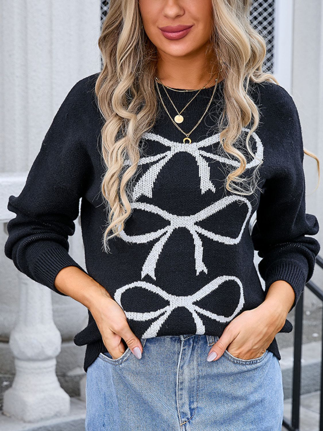 Angel Wings - Bow Graphic Round Neck Long Sleeve Sweater - Size: S-XL