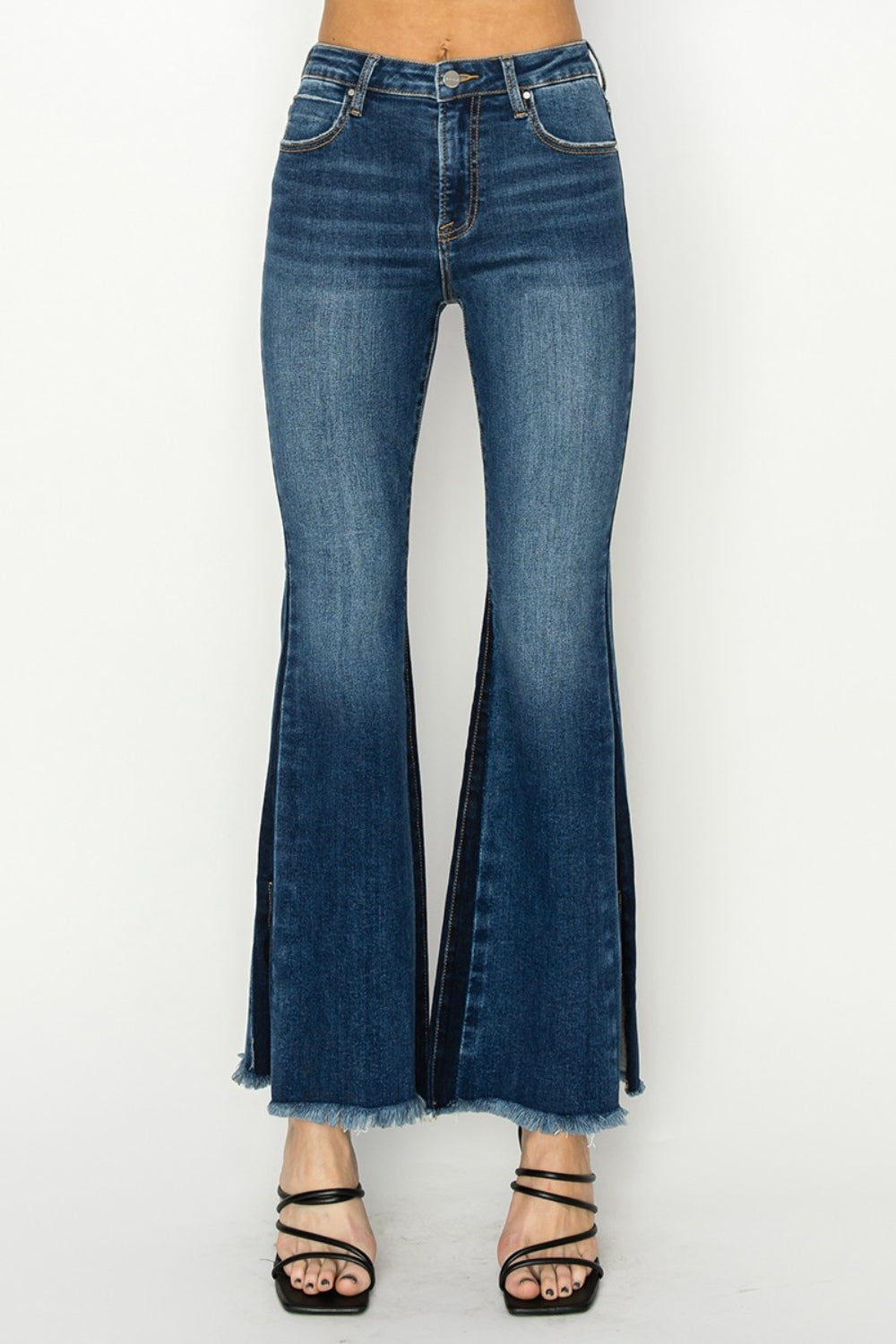 RISEN - High Rise Side Shadow Seam Detail Slit Flare Jeans - Size: 0-3XL