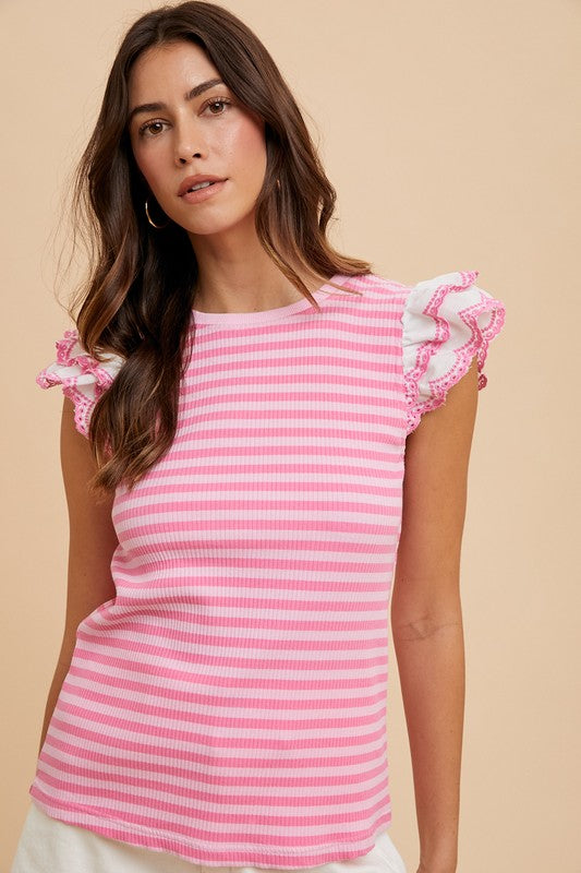 Annie Wear - Ruffled Striped Round Neck Cap Sleeve Knit Top - Size: S-XL