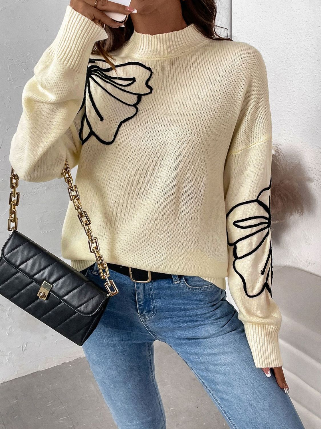 Perfee - Mock Neck Dropped Shoulder Long Sleeve Sweater