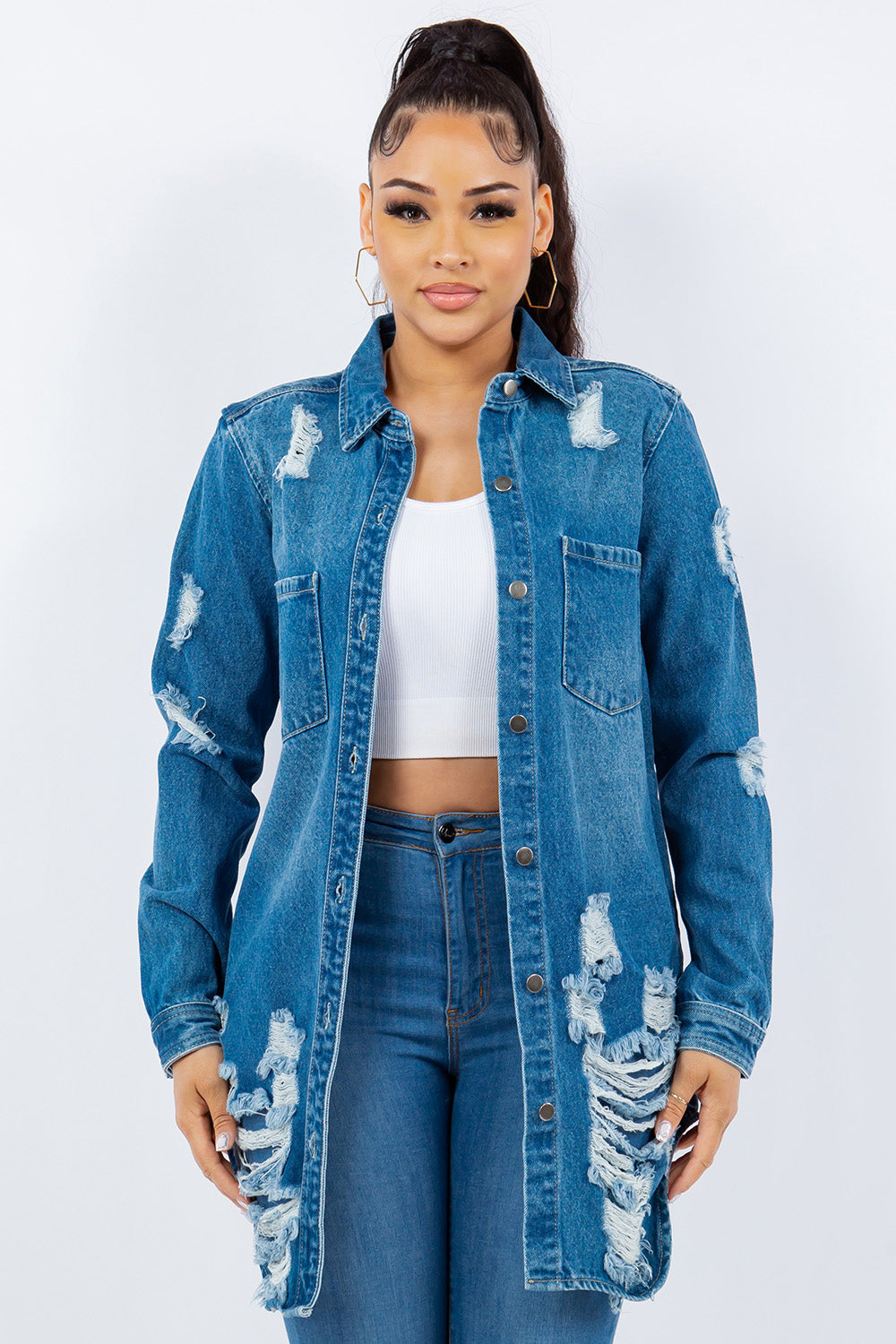 American Bazi - Distressed Button Up Long Sleeve Denim Jacket