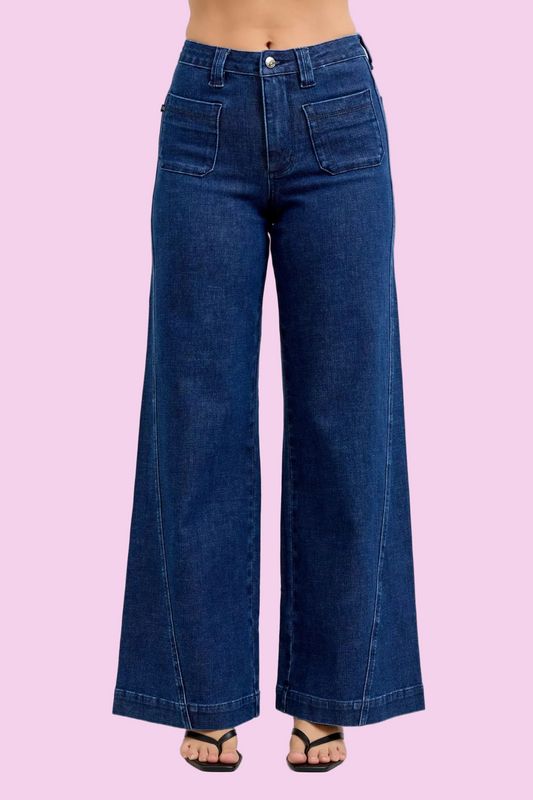 Judy Blue - High-Waisted Retro Wide Jeans with Patch Pockets & Twisted Seams - Size: 0-15